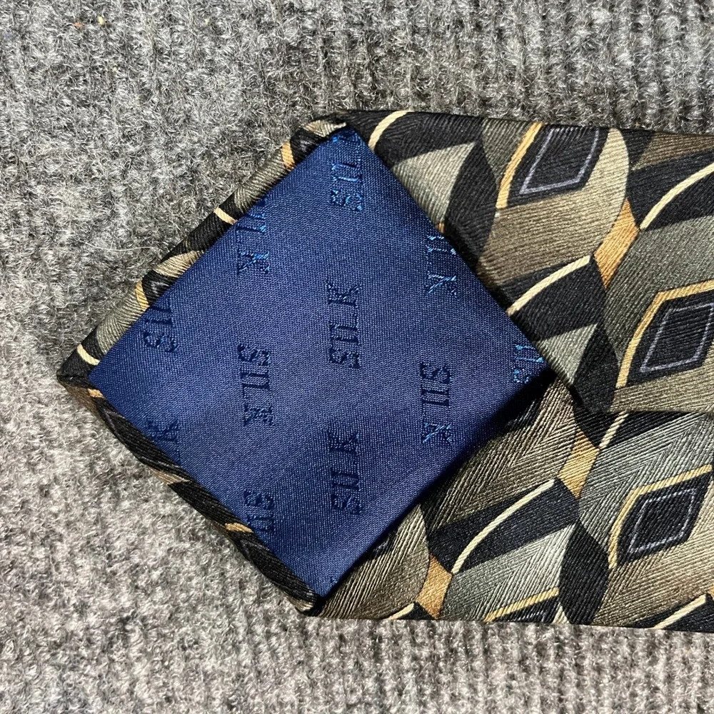 Carlos Devenezia Mens Silk Tie Geometric Diamond Olive Green Black Gold Handmade